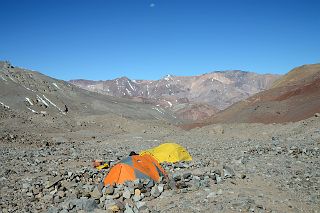 02 My Tent At Aconcagua Plaza Argentina Base Camp 4200m Looking Down The Relinchos Valley Toward Casa de Piedra With The Moon Overhead